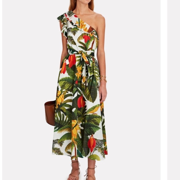 Farm Rio Cocoa Forest One Shoulder Pom Pom Midi Dress Size XS - Picture 1 of 9